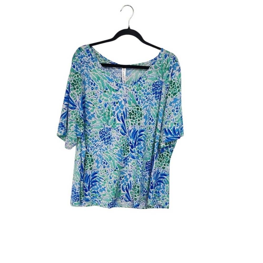 Dear Scarlett V-Neck Top Womens XL Blue Green Floral NWT